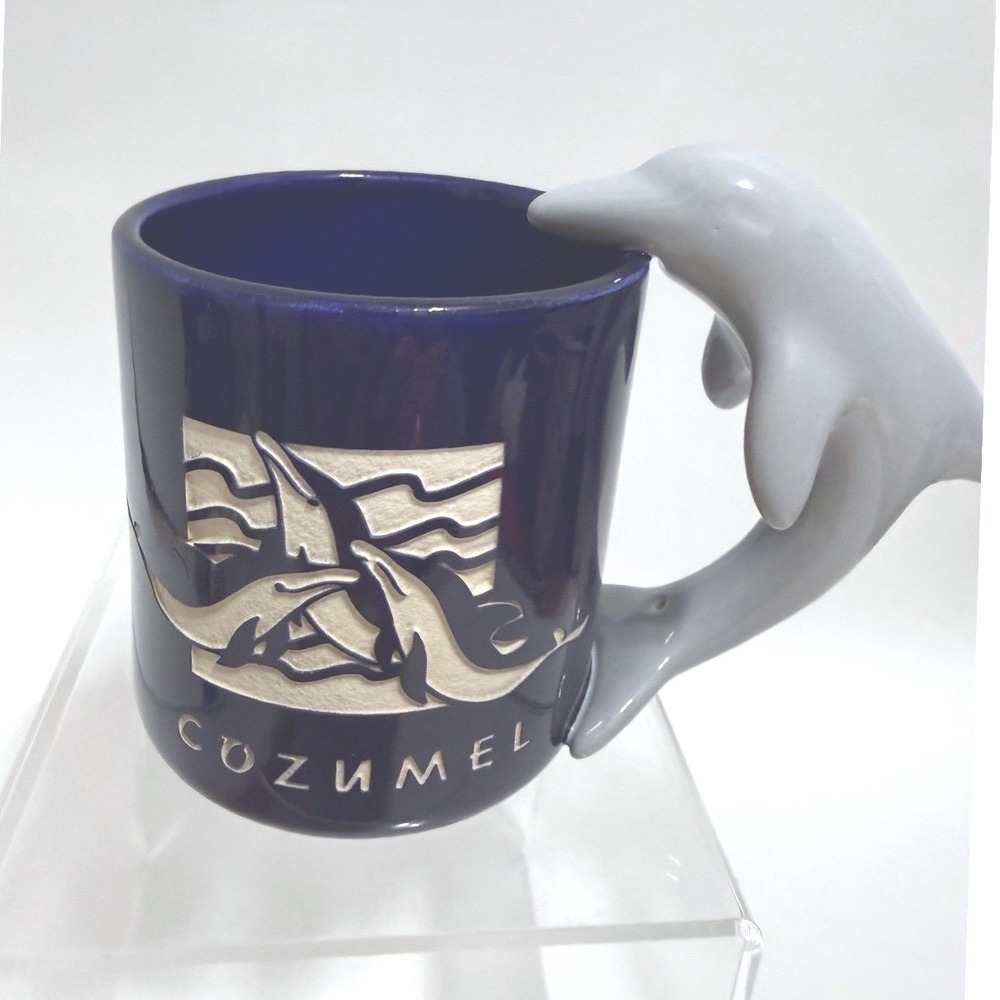Cozumel Mexico Dolphin Coffee Mug 3D Sculpted Handle Raised Relief Cobalt Blue